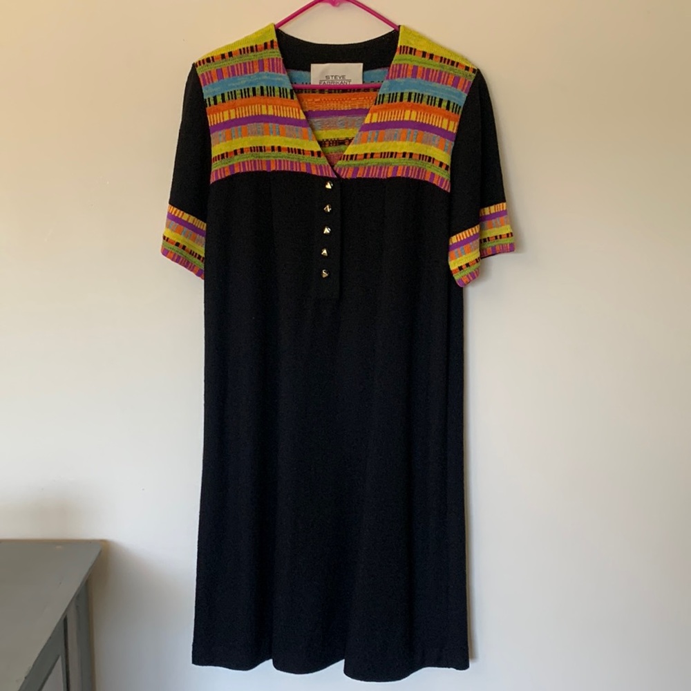 Vintage 80s Steve Fabrikant Black and Multicolored Knitted Dress Size Large